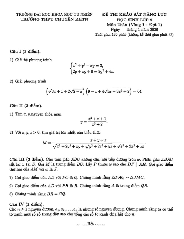 đề khảo sát toán 9 vòng 1 đợt 1 năm 2025 – 2026 trường chuyên khtn – hà nội