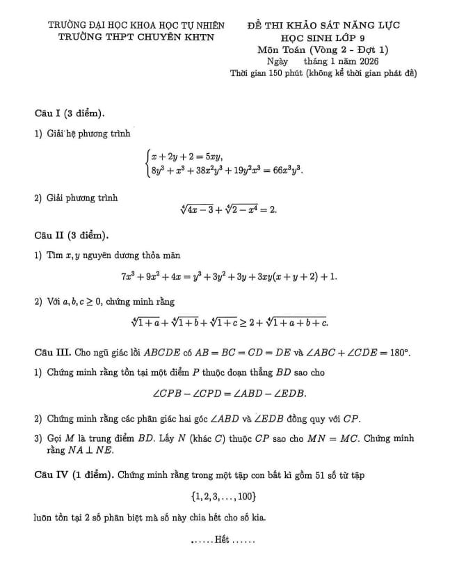 đề khảo sát toán 9 vòng 2 đợt 1 năm 2025 – 2026 trường chuyên khtn – hà nội