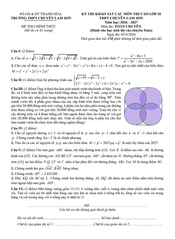 đề khảo sát toán (chuyên) vào lớp 10 năm 2026 – 2027 trường chuyên lam sơn – thanh hóa