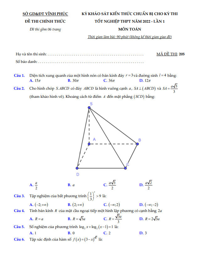 đề khảo sát toán thi tốt nghiệp thpt 2022 lần 1 sở gd&đt vĩnh phúc