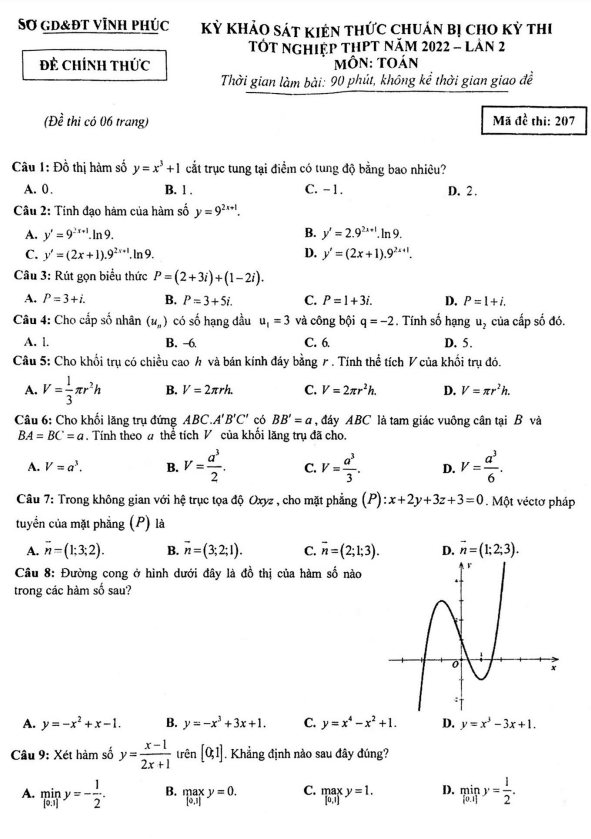 đề khảo sát toán thi tốt nghiệp thpt 2022 lần 2 sở gd&đt vĩnh phúc