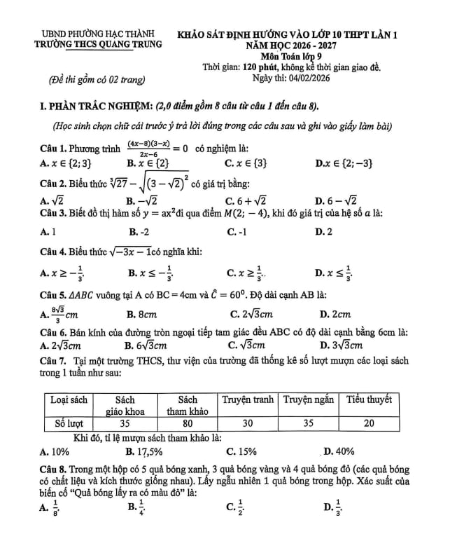 đề khảo sát toán vào 10 lần 1 năm 2026 – 2027 trường thcs quang trung – thanh hóa