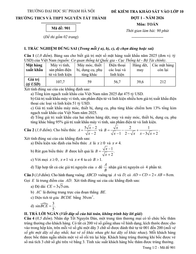 đề khảo sát toán vào lớp 10 đợt 1 năm 2026 trường nguyễn tất thành – hà nội