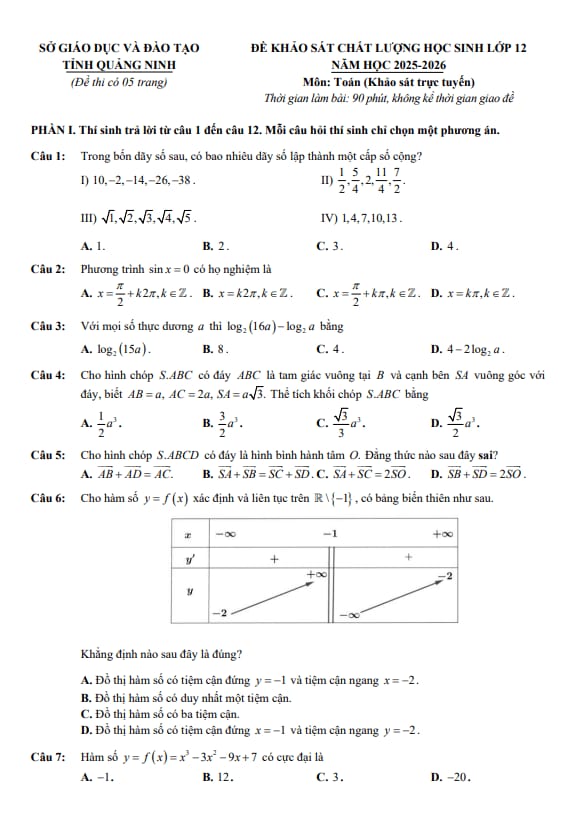 đề khảo sát trực tuyến toán 12 năm 2025 – 2026 sở gd&đt quảng ninh