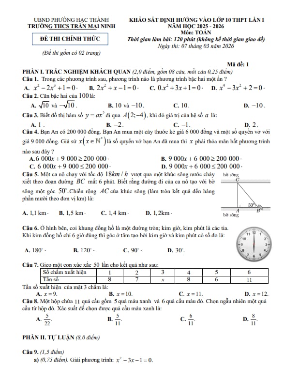 đề khảo sát vào lớp 10 lần 1 môn toán năm 2026 trường thcs trần mai ninh – thanh hóa