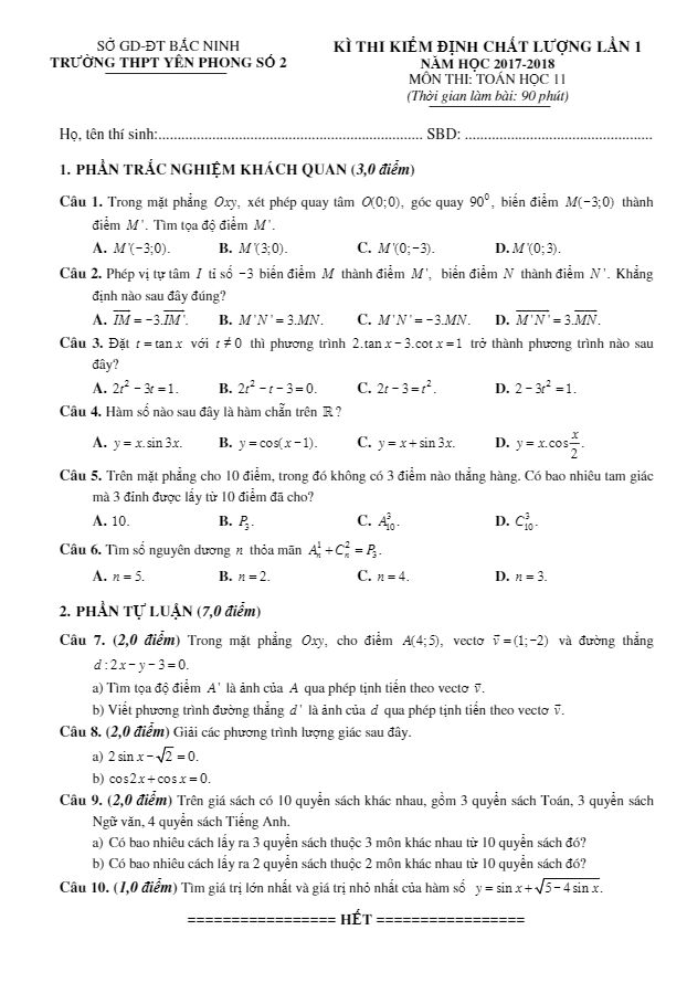đề kiểm định chất lượng lần 1 năm học 2017 – 2018 môn toán 11 trường thpt yên phong 2 – bắc ninh