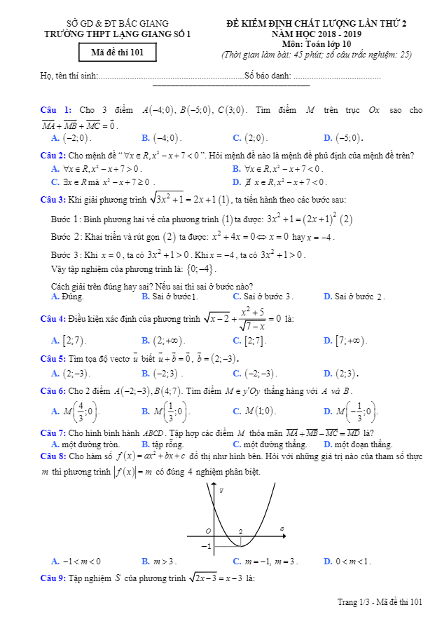 đề kiểm định chất lượng toán 10 lần 2 năm 2018 – 2019 trường lạng giang 1 – bắc giang