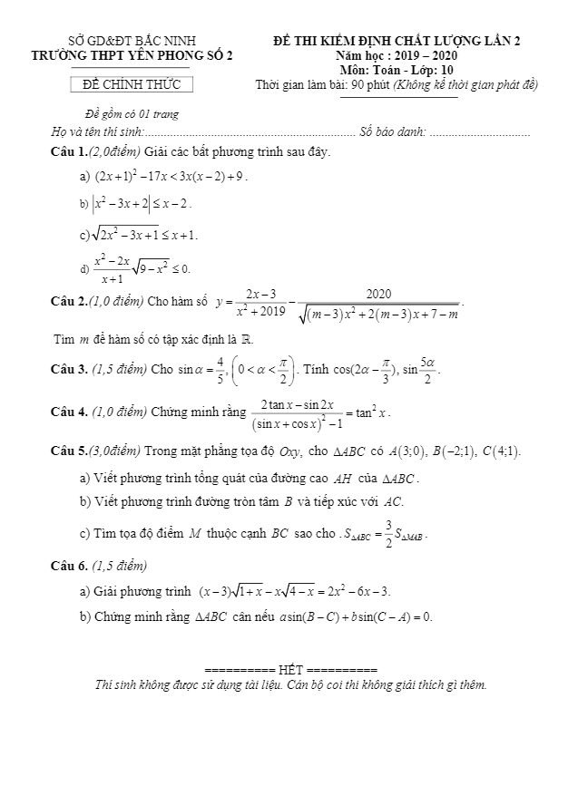 đề kiểm định chất lượng toán 10 lần 2 năm 2019 – 2020 trường thpt yên phong 2 – bắc ninh