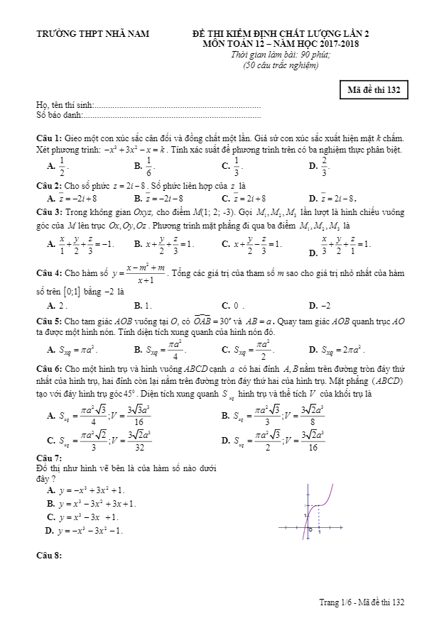 đề kiểm định chất lượng toán 12 năm 2017 – 2018 trường nhã nam – bắc giang lần 2