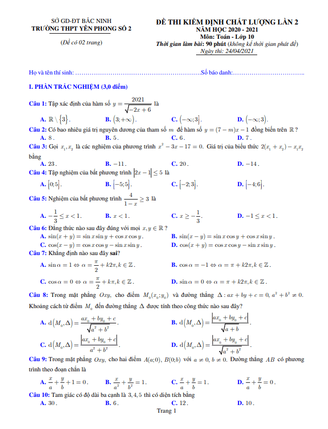 đề kiểm định toán 10 lần 2 năm 2020 – 2021 trường thpt yên phong 2 – bắc ninh