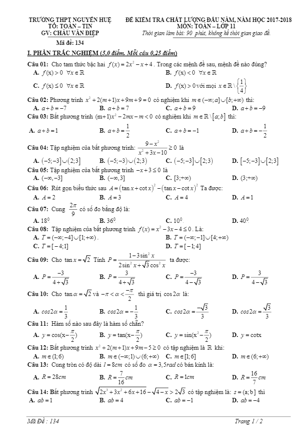 đề kiểm tra chất lượng đầu năm học 2017 – 2018 môn toán 11 trường thpt nguyễn huệ – ninh bình