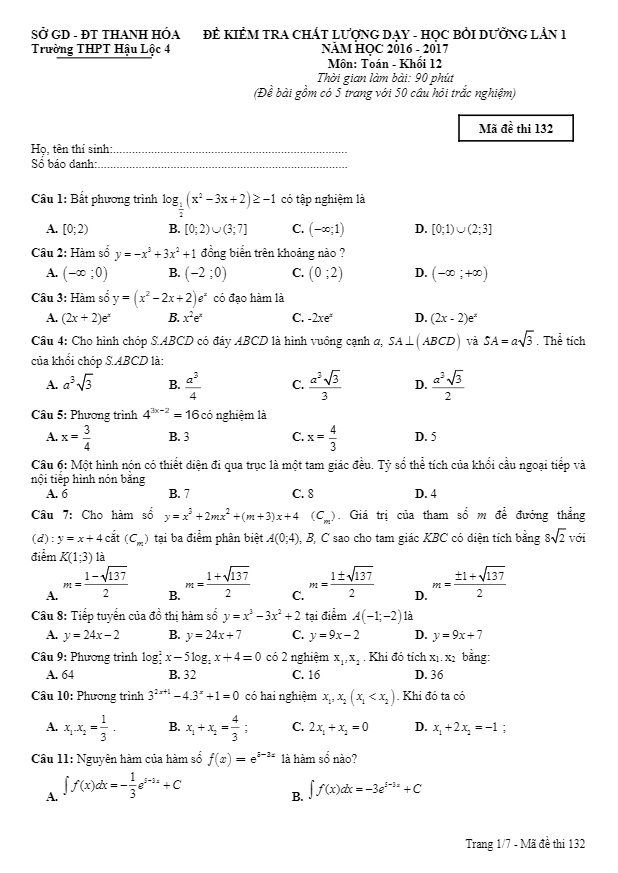 đề kiểm tra chất lượng dạy – học bồi dưỡng môn toán trường hậu lộc 4 – thanh hóa lần 1