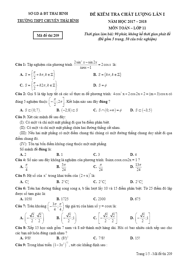 đề kiểm tra chất lượng lần 1 năm học 2017 – 2018 môn toán 11 trường thpt chuyên thái bình