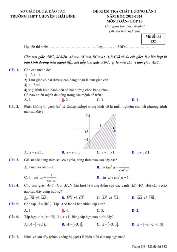 đề kiểm tra chất lượng lần 1 toán 10 năm 2023 – 2024 trường thpt chuyên thái bình