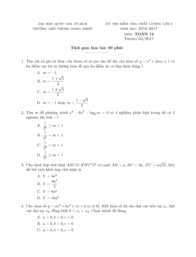 đề kiểm tra chất lượng toán 12 năm học 2016 – 2017 trường phổ thông năng khiếu – tp.hcm lần 1