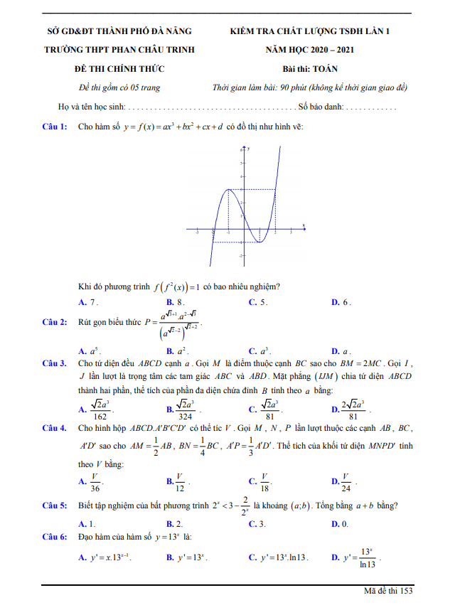 đề kiểm tra chất lượng tsđh 2021 lần 1 môn toán trường phan châu trinh – đà nẵng
