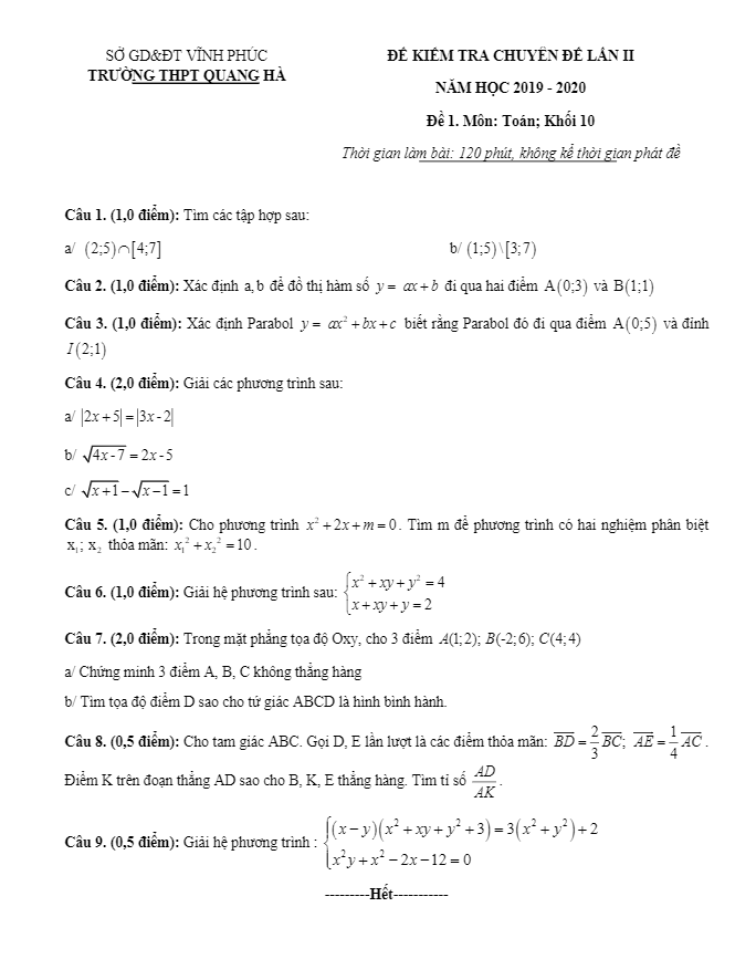 đề kiểm tra chuyên đề toán 10 lần 2 năm 2019 – 2020 trường quang hà – vĩnh phúc