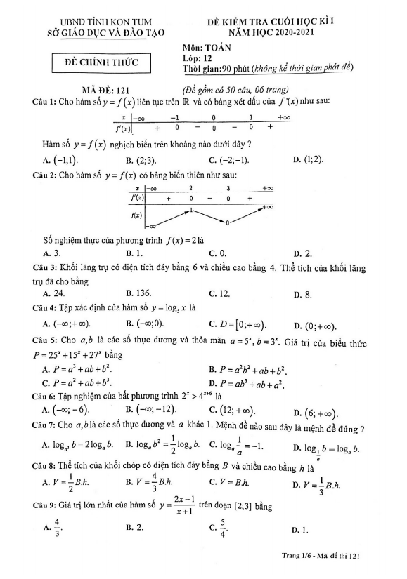 đề kiểm tra cuối học kì 1 toán 12 năm 2020 – 2021 sở gd&đt kon tum