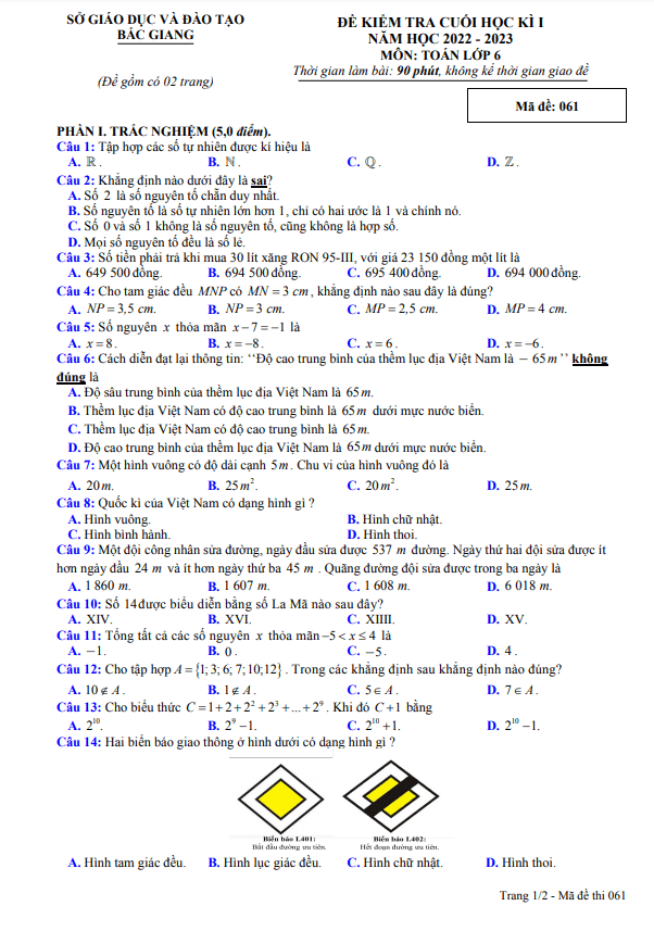 đề kiểm tra cuối học kì 1 toán 6 năm 2022 – 2023 sở gd&đt bắc giang