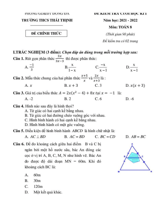đề kiểm tra cuối học kì 1 toán 8 năm 2021 – 2022 trường thcs thái thịnh – hà nội
