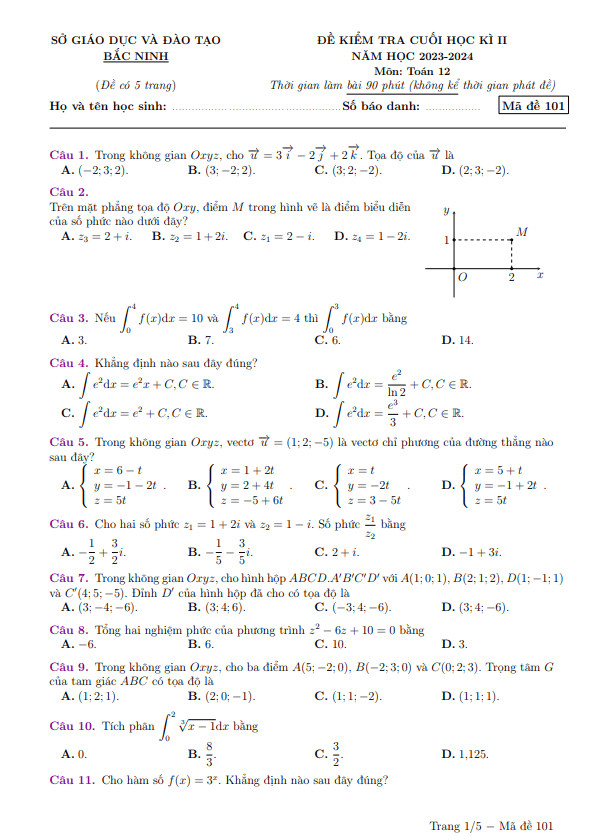 đề kiểm tra cuối học kì 2 toán 12 năm 2023 – 2024 sở gd&đt bắc ninh