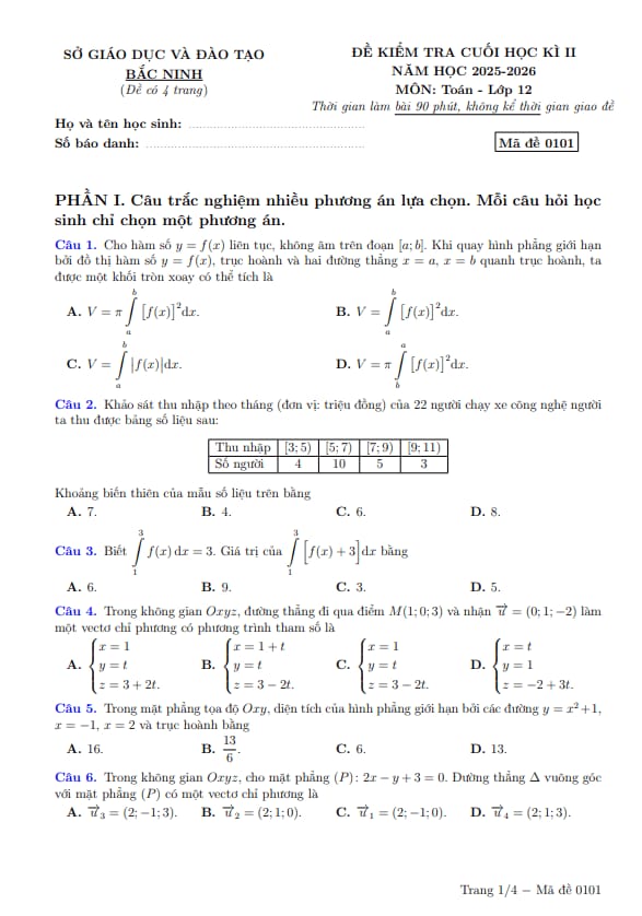 đề kiểm tra cuối học kì 2 toán 12 năm 2025 – 2026 sở gd&đt bắc ninh
