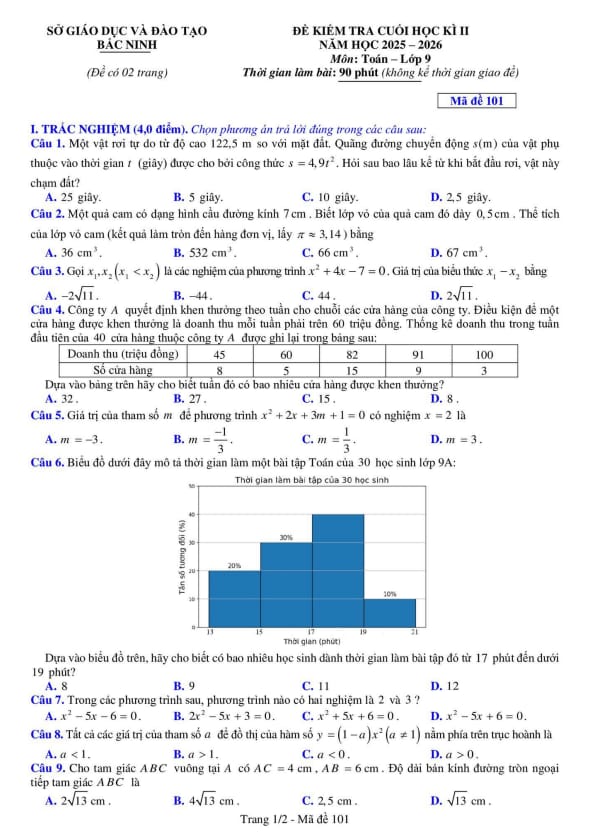 đề kiểm tra cuối học kì 2 toán 9 năm 2025 – 2026 sở gd&đt bắc ninh