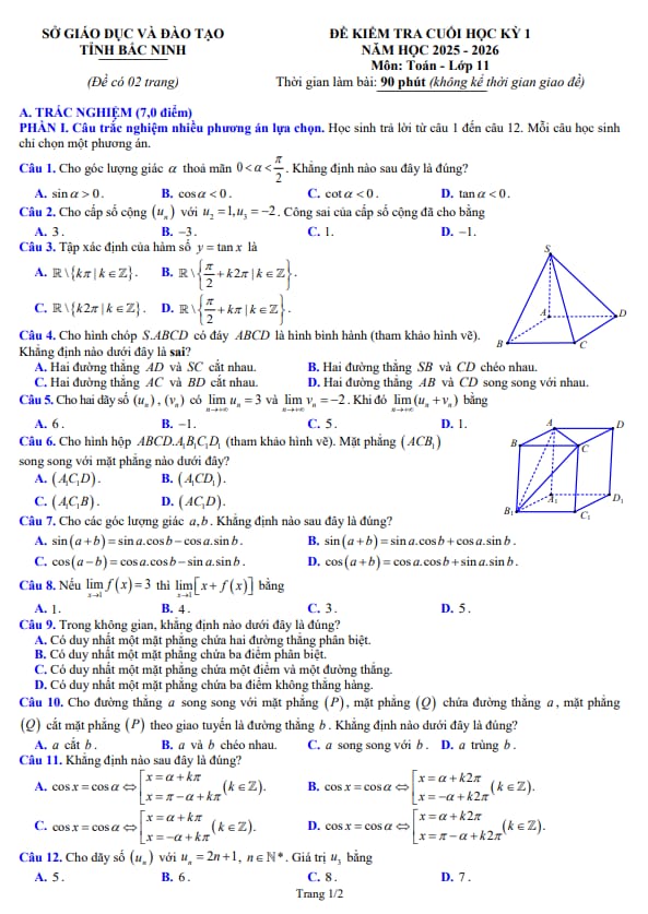 đề kiểm tra cuối học kỳ 1 toán 11 năm 2025 – 2026 sở gd&đt bắc ninh