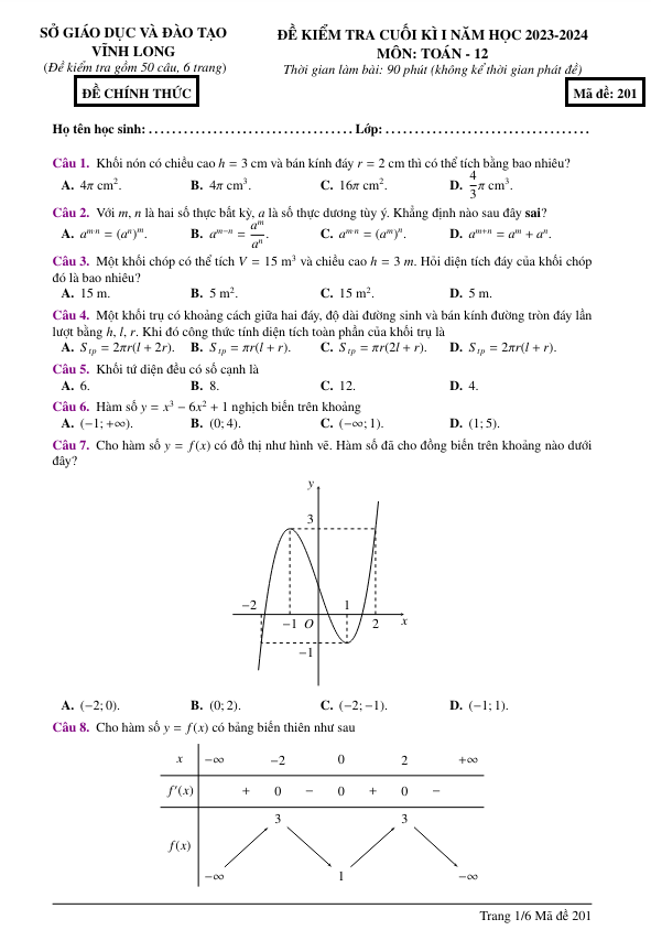 đề kiểm tra cuối kì 1 toán 12 năm 2023 – 2024 sở gd&đt vĩnh long