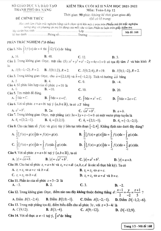 đề kiểm tra cuối kì 2 toán 12 năm 2021 – 2022 sở gd&đt đà nẵng