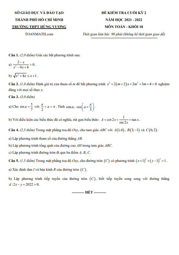 đề kiểm tra cuối kỳ 2 toán 10 năm 2021 – 2022 trường thpt hùng vương – tp hcm