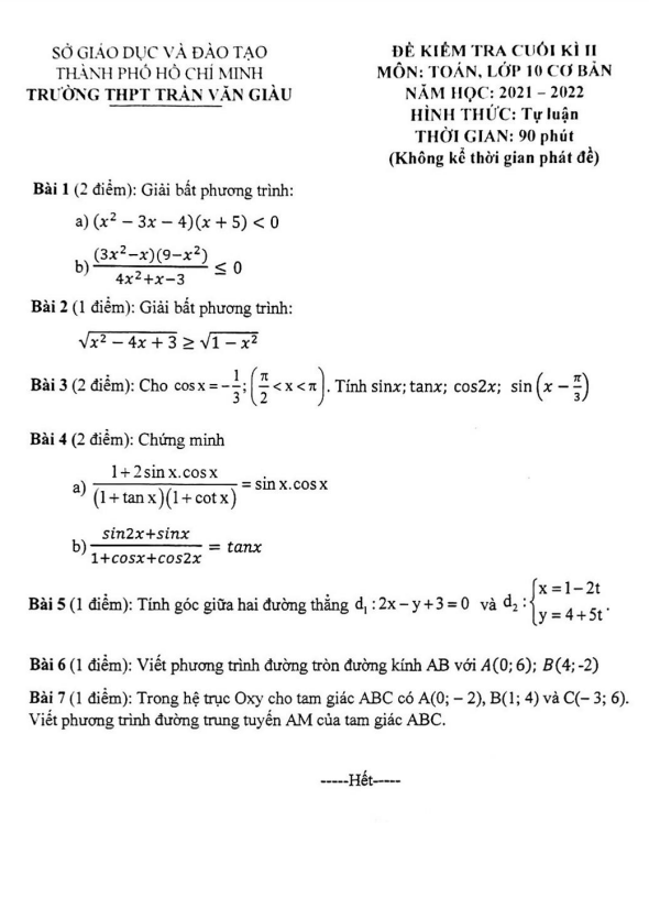 đề kiểm tra cuối kỳ 2 toán 10 năm 2021 – 2022 trường thpt trần văn giàu – tp hcm