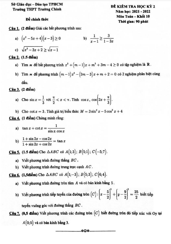 đề kiểm tra cuối kỳ 2 toán 10 năm 2021 – 2022 trường thpt trường chinh – tp hcm
