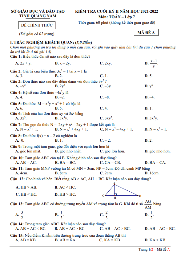 đề kiểm tra cuối kỳ 2 toán 7 năm 2021 – 2022 sở gd&đt quảng nam