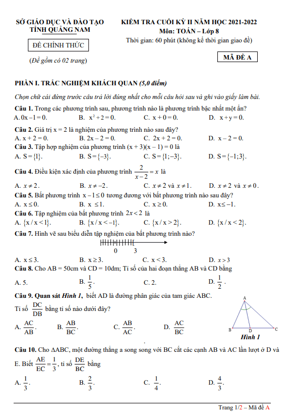 đề kiểm tra cuối kỳ 2 toán 8 năm 2021 – 2022 sở gd&đt quảng nam
