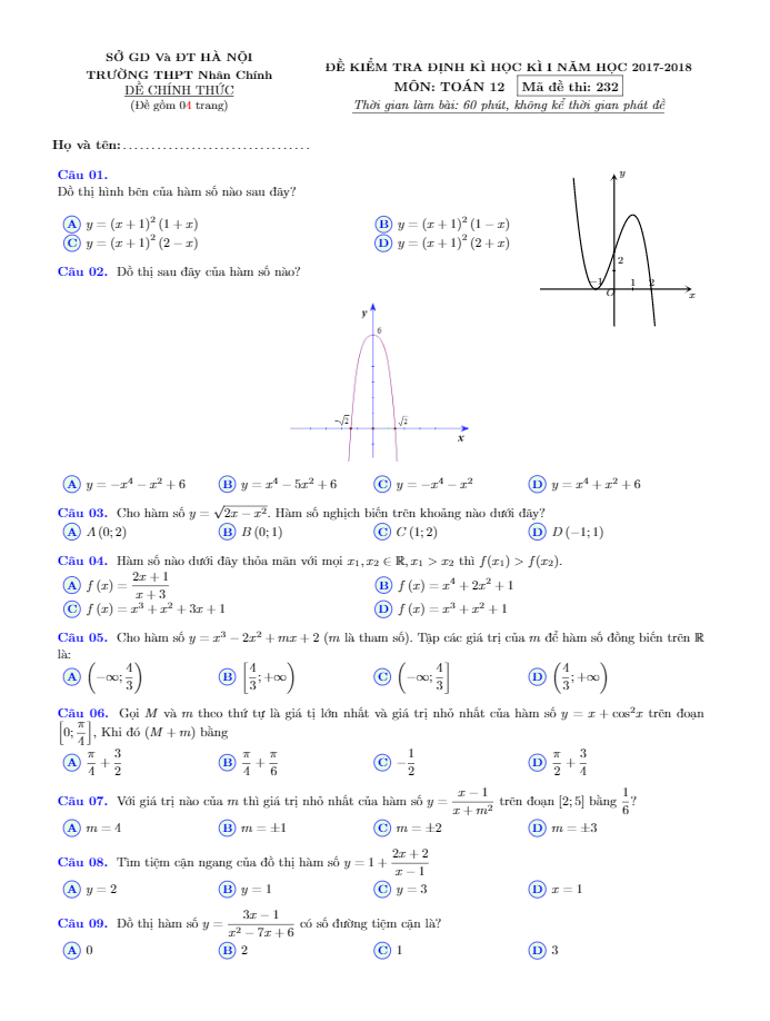 đề kiểm tra định kì học kì i năm học 2017-2018 môn toán 12 trường thpt nhân chính – hà nội