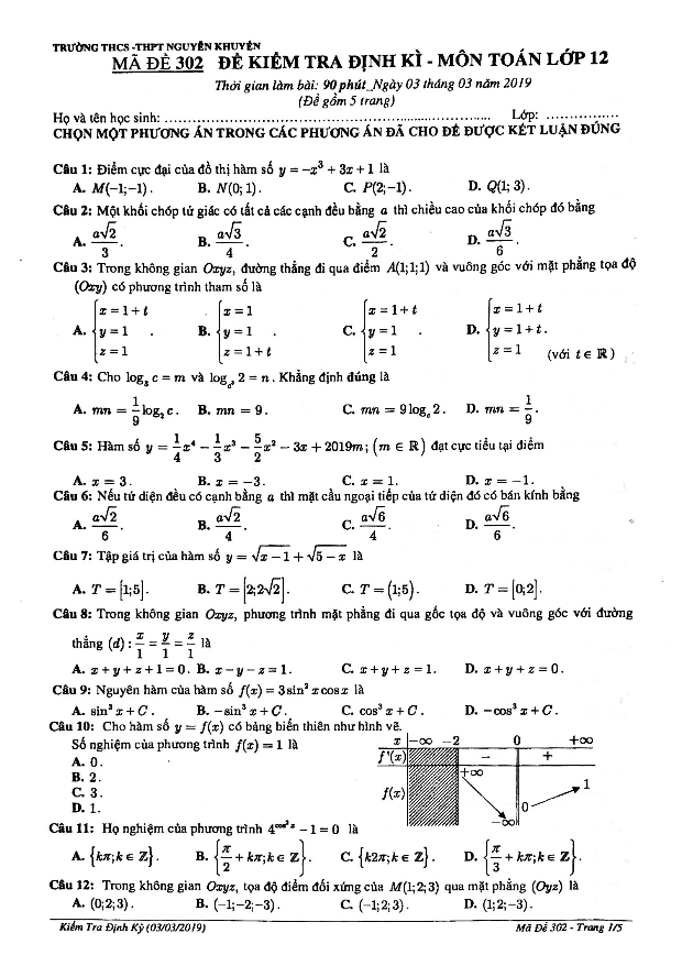 đề kiểm tra định kì toán 12 năm 2019 trường nguyễn khuyến – tp. hcm (03/03/2019)