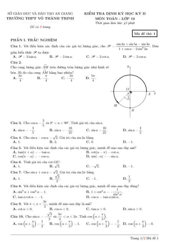 đề kiểm tra định kỳ đại số 10 chương 6 trường võ thành trinh – an giang