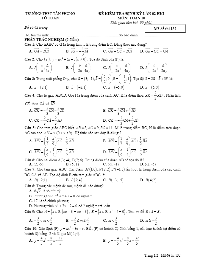 đề kiểm tra định kỳ lần 2 hk1 toán 10 trường thpt tân phong – bạc liêu