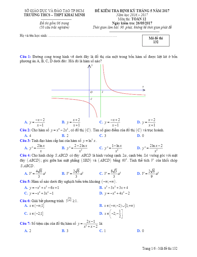 đề kiểm tra định kỳ tháng 5 năm 2017 môn toán 12 trường thcs – thpt khai minh – tp. hcm