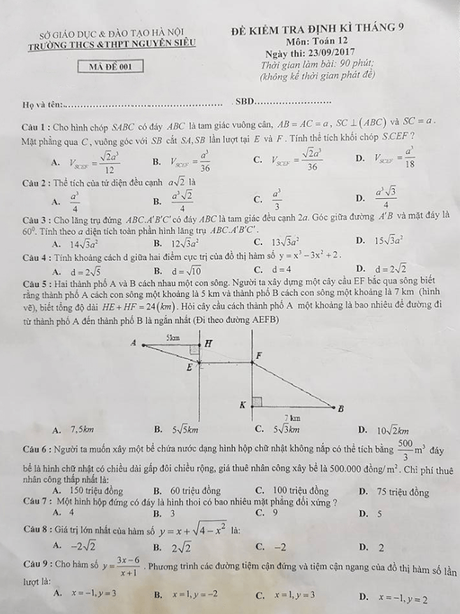 đề kiểm tra định kỳ tháng 9 môn toán 12 trường thcs & thpt nguyễn siêu – hà nội