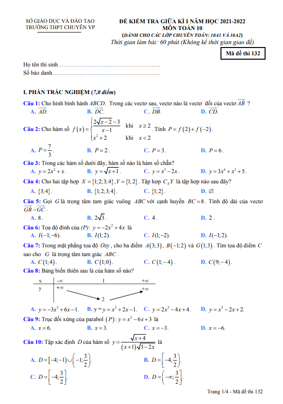 đề kiểm tra giữa học kì 1 toán 10 (chuyên) năm 2021 – 2022 trường thpt chuyên vĩnh phúc