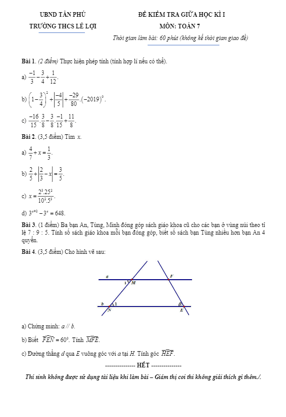 đề kiểm tra giữa học kì 1 toán 7 năm 2019 – 2020 trường thcs lê lợi – tp hcm
