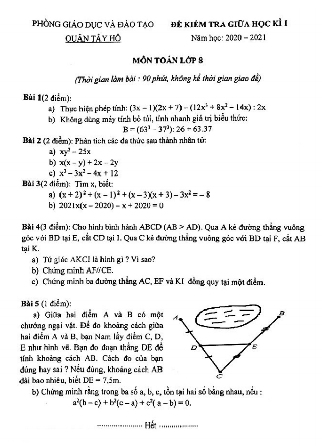 đề kiểm tra giữa học kì 1 toán 8 năm 2020 – 2021 phòng gd&đt tây hồ – hà nội