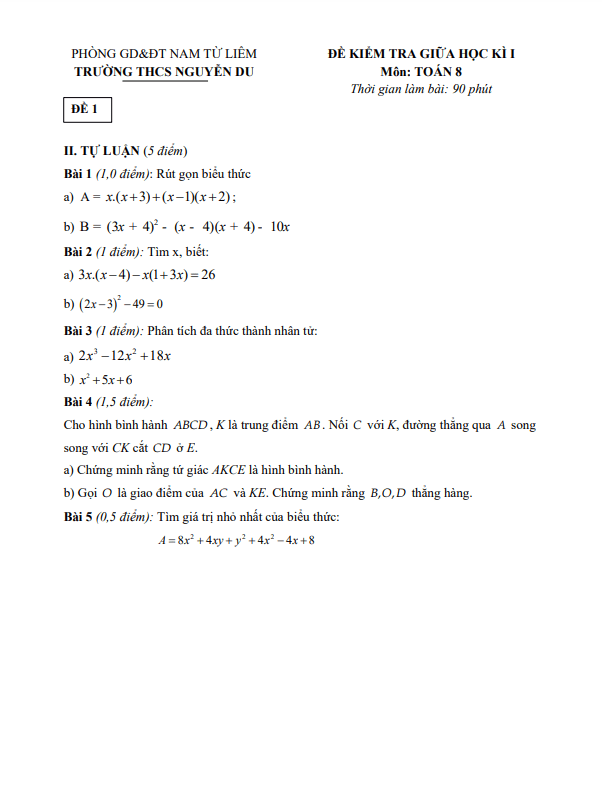 đề kiểm tra giữa học kì 1 toán 8 năm 2021 – 2022 trường thcs nguyễn du – hà nội