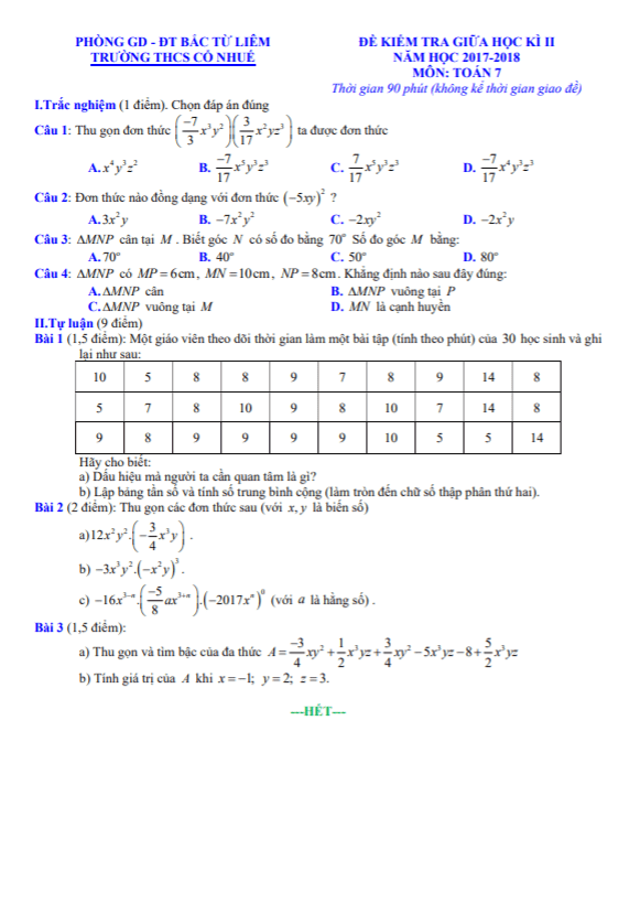 đề kiểm tra giữa học kì 2 toán 7 năm 2017 – 2018 trường thcs cổ nhuế – hà nội