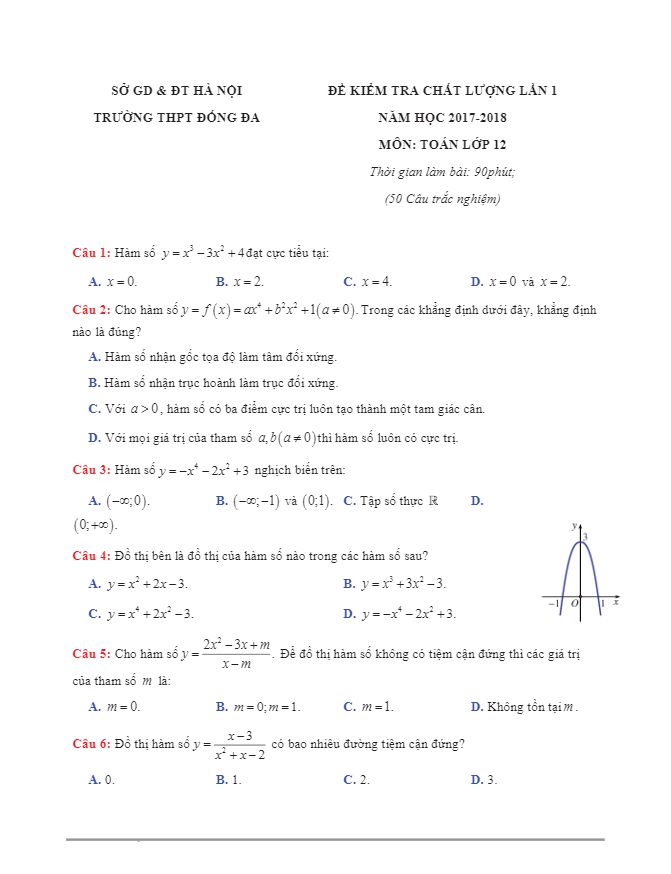 đề kiểm tra giữa học kỳ 1 năm học 2017 – 2018 môn toán 12 trường thpt đống đa – hà nội