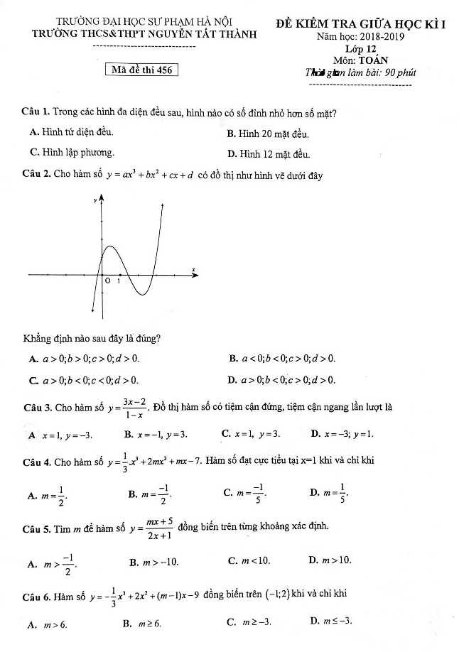 đề kiểm tra giữa học kỳ 1 toán 12 năm 2018 – 2019 trường nguyễn tất thành – đhsp hà nội
