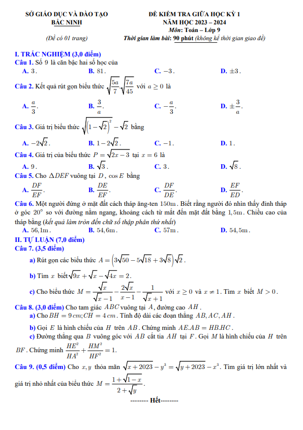 đề kiểm tra giữa học kỳ 1 toán 9 năm 2023 – 2024 sở gd&đt bắc ninh