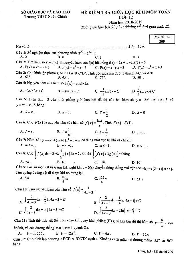 đề kiểm tra giữa học kỳ 2 toán 12 năm 2019 trường thpt nhân chính – hà nội